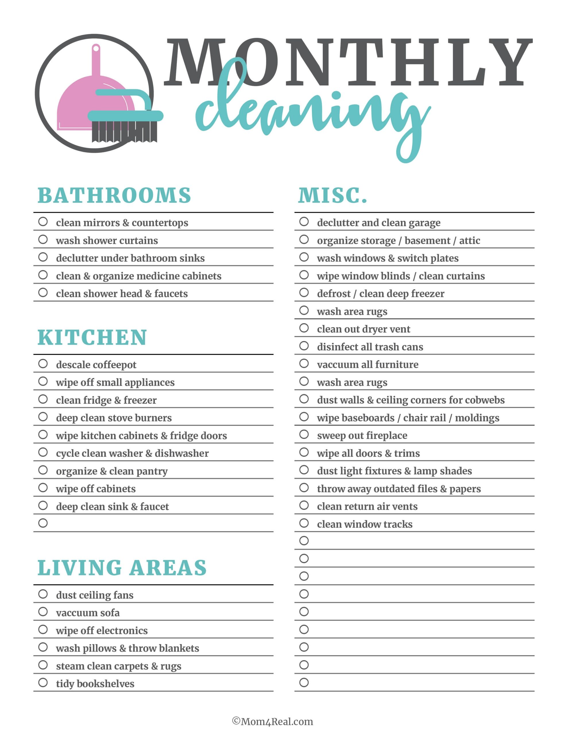 Printable Cleaning Checklists Daily Weekly amp Monthly Tasks 