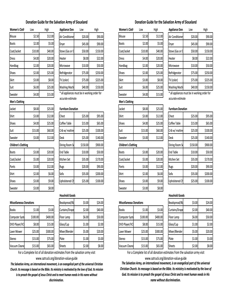Salvation Army Donation Guide Printable