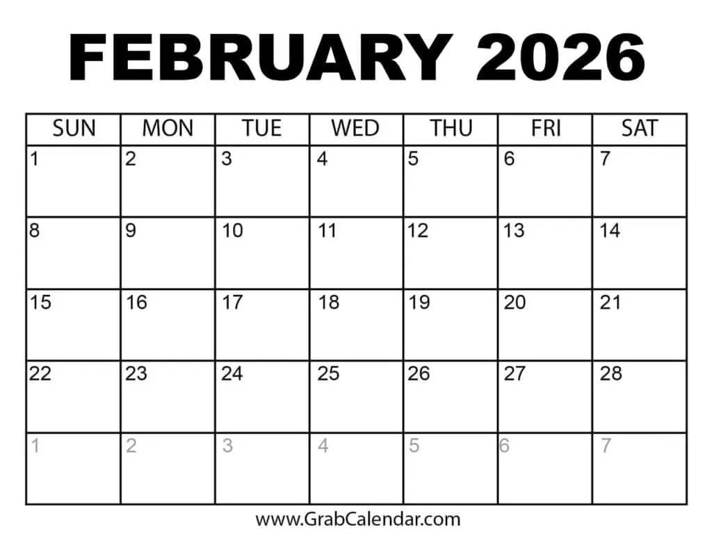 Printable February 2026 Calendar Printable February 2026 Calendar
