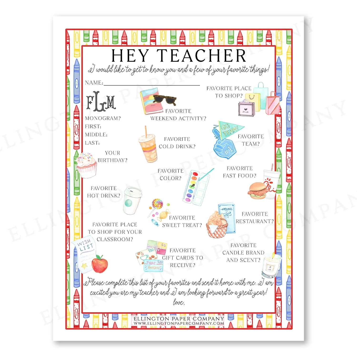 Printable Hey Teacher Wishlist Crayons Restaurant Option Digital
