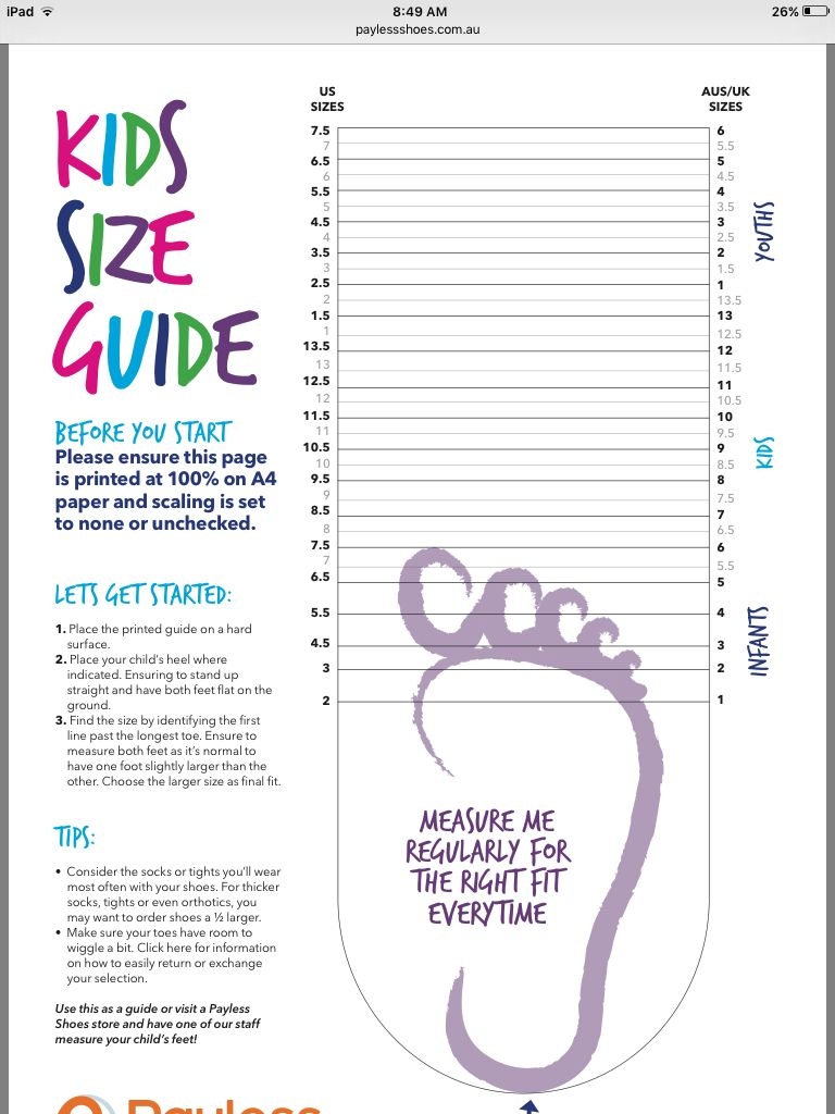 Printable Kids Shoe Measurement Chart
