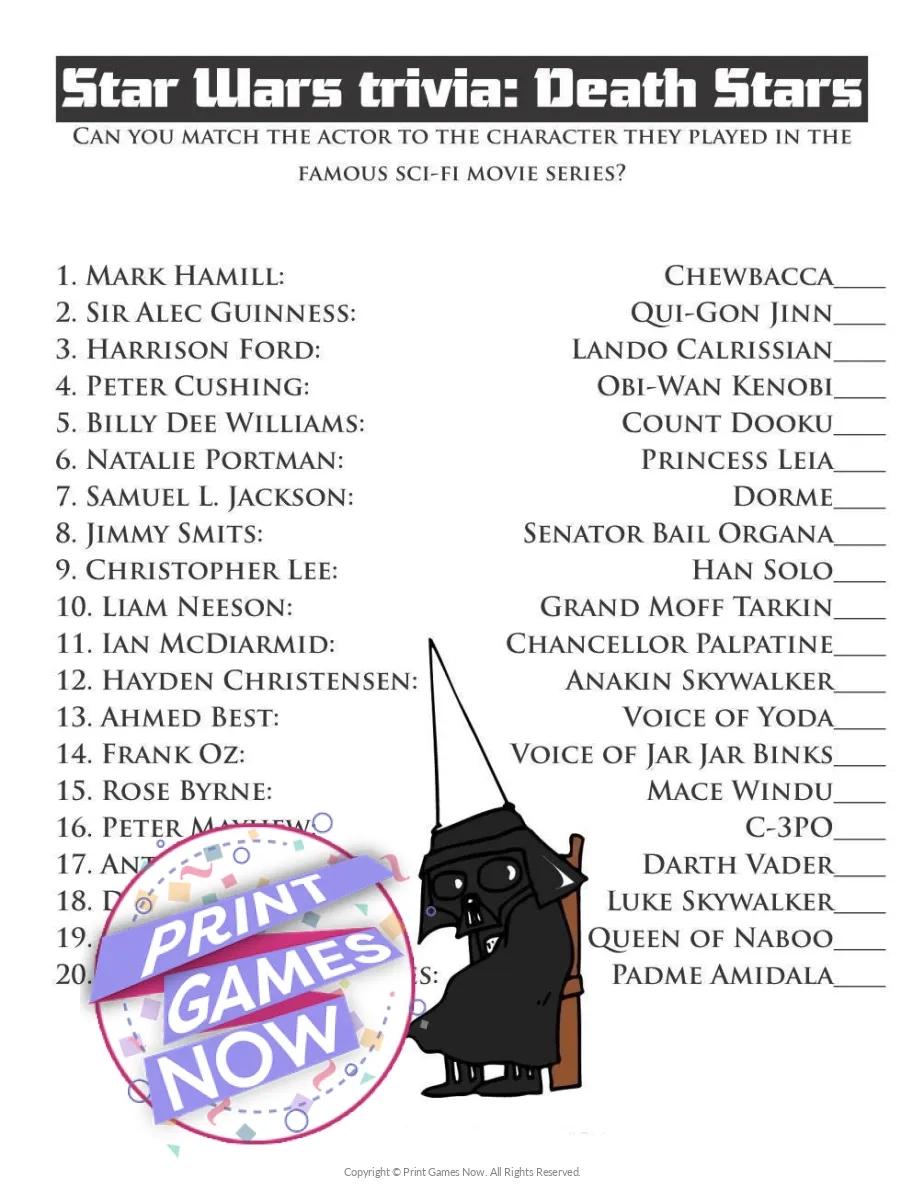 Printable Pop Culture Star Wars Death Stars Trivia Party Game 