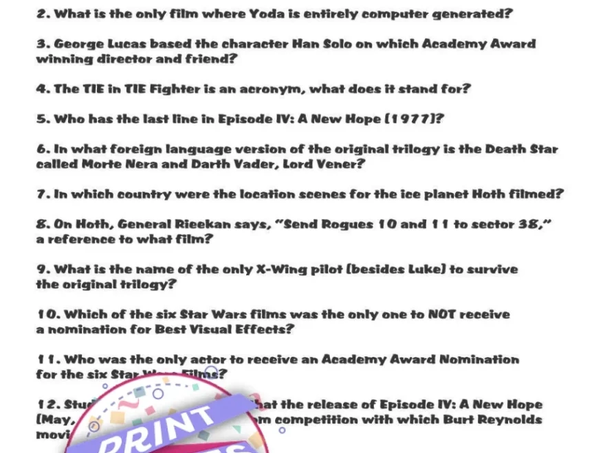 Printable Pop Culture Star Wars Use The Force Trivia Party Game