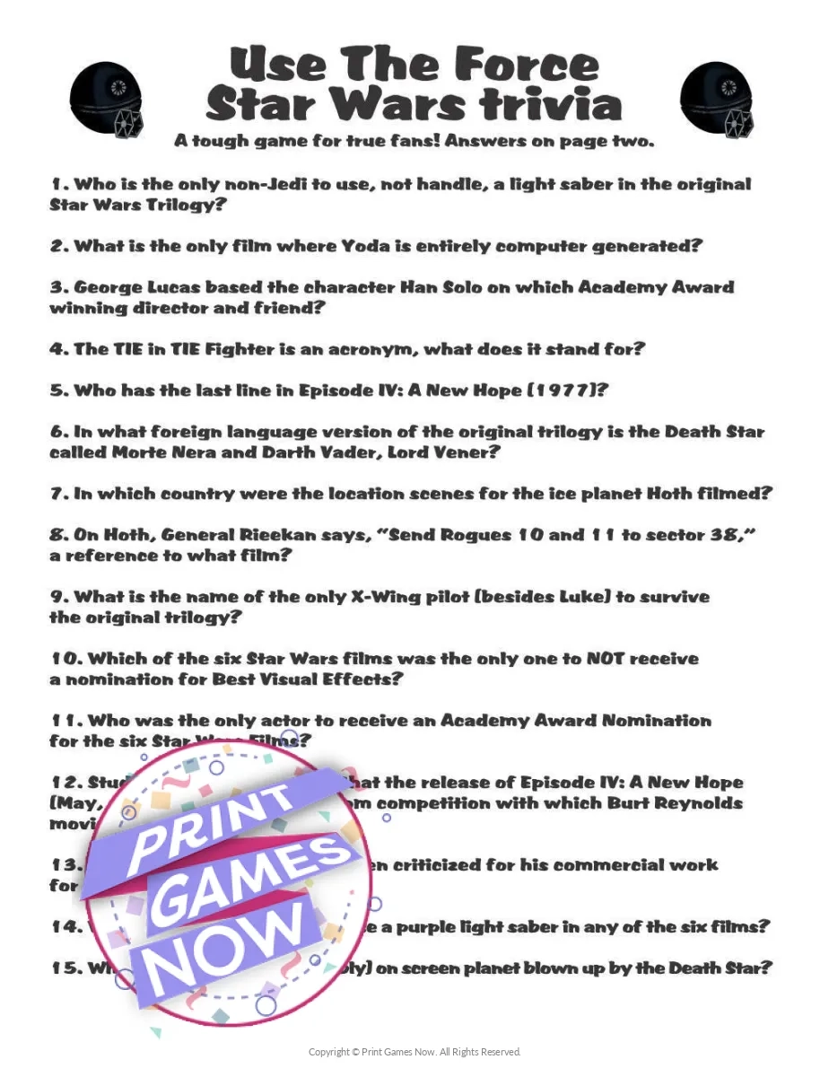 Printable Pop Culture Star Wars Use The Force Trivia Party Game 
