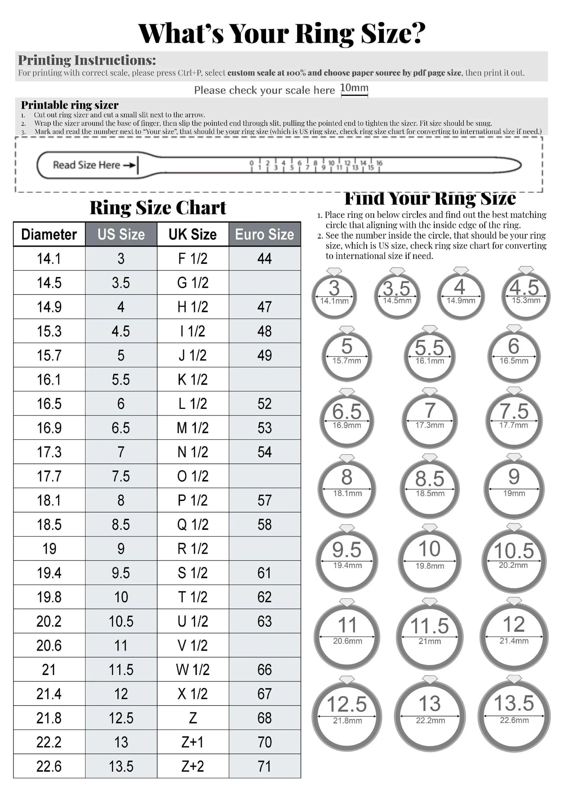 Printable Ring Sizer With International Size Chart instant 