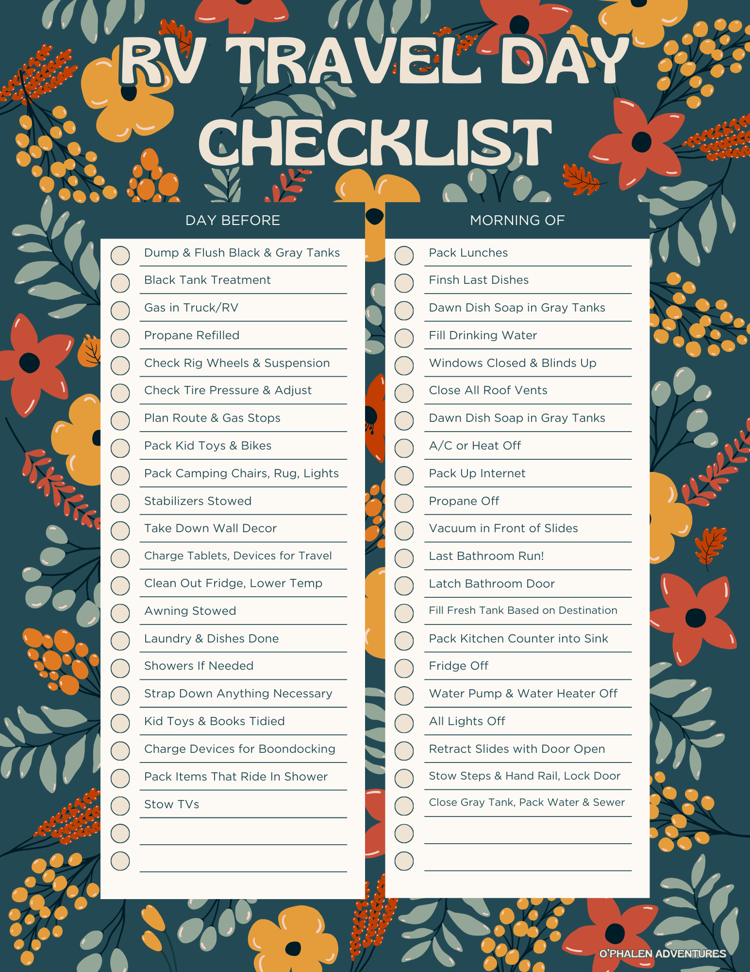 Printable RV Checklist Travel Day 