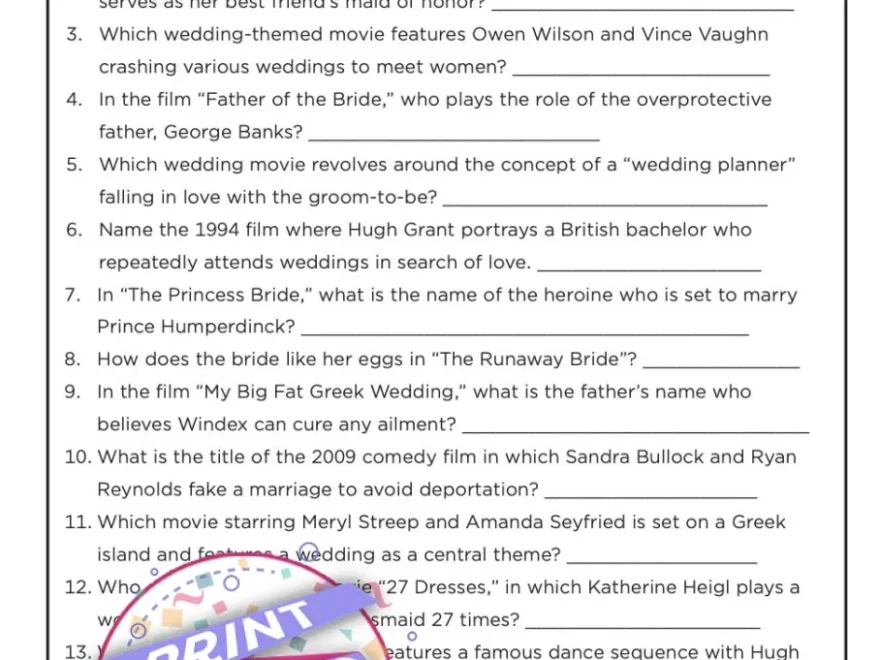Printable Wedding Movie Trivia Party Game Print Games Now