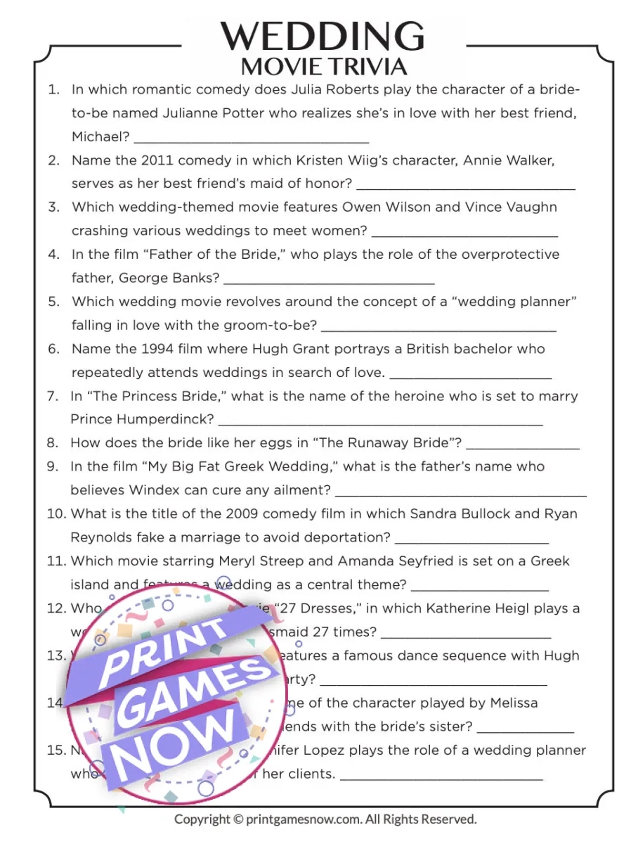 Printable Wedding Movie Trivia Party Game Print Games Now