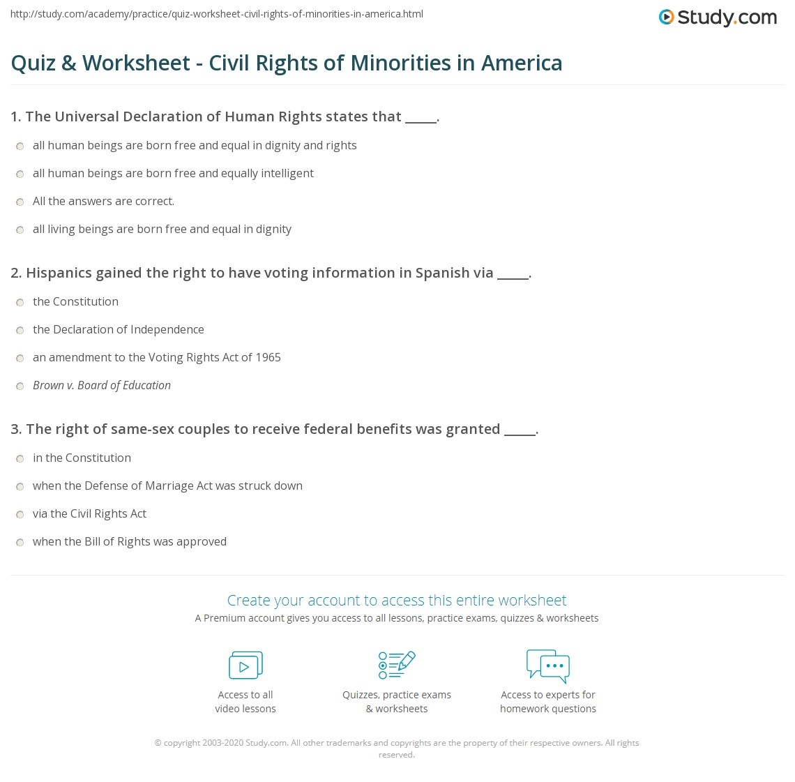 Quiz amp Worksheet Civil Rights Of Minorities In America Study
