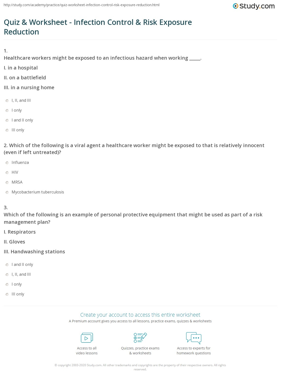 Quiz amp Worksheet Infection Control amp Risk Exposure Reduction 