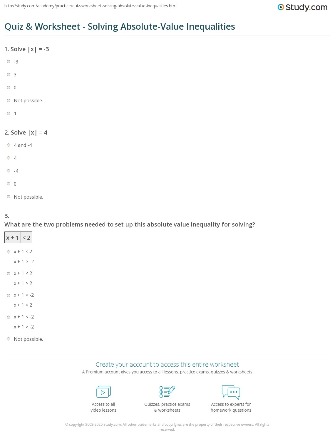 Printable Absolute Value Inequality Quizzes