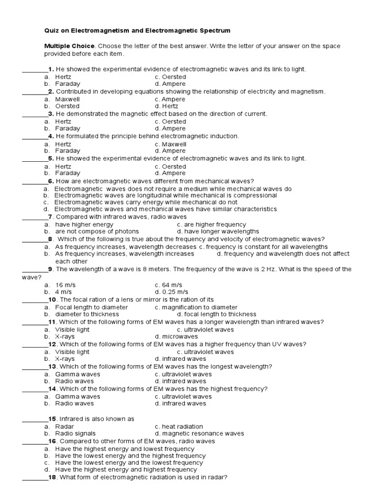Quiz On Electromagnetism And Electromagnetic Spectrum PDF Quiz On Electromagnetism And Electromagnetic Spectrum PDF