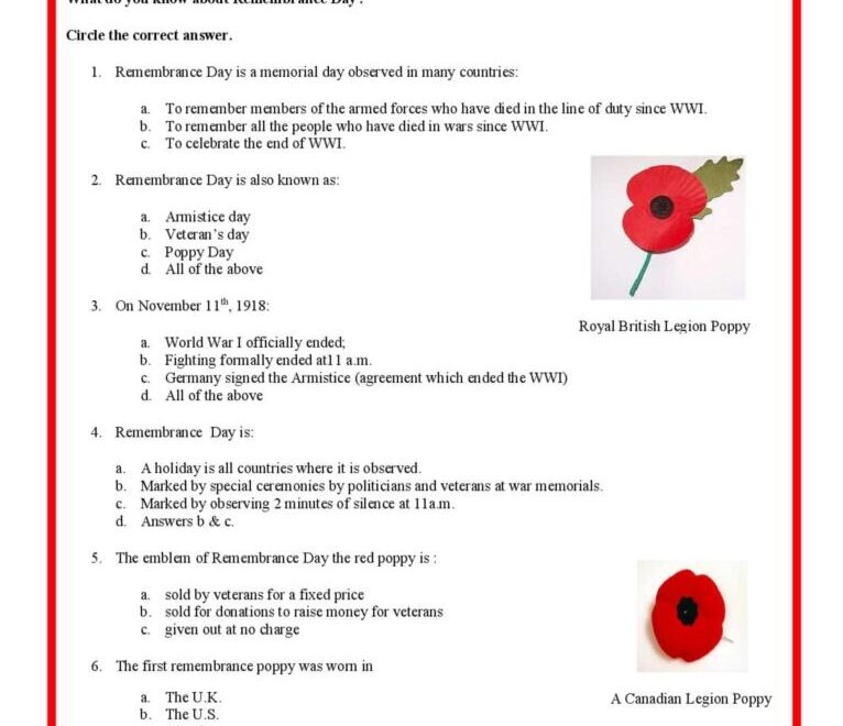 Remembrance Day Quiz English ESL Worksheets Pdf amp Doc