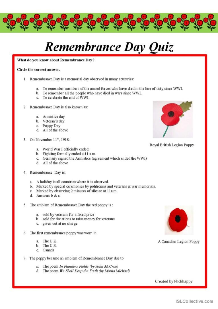 Remembrance Day Quiz English ESL Worksheets Pdf amp Doc