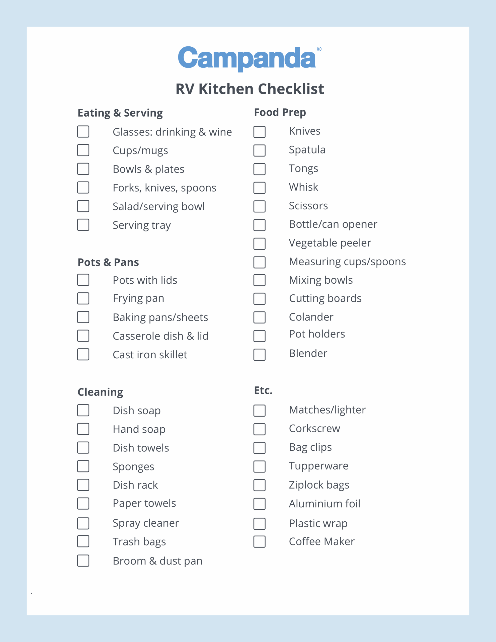 RV Checklists 6 Printable Packing Lists Campanda