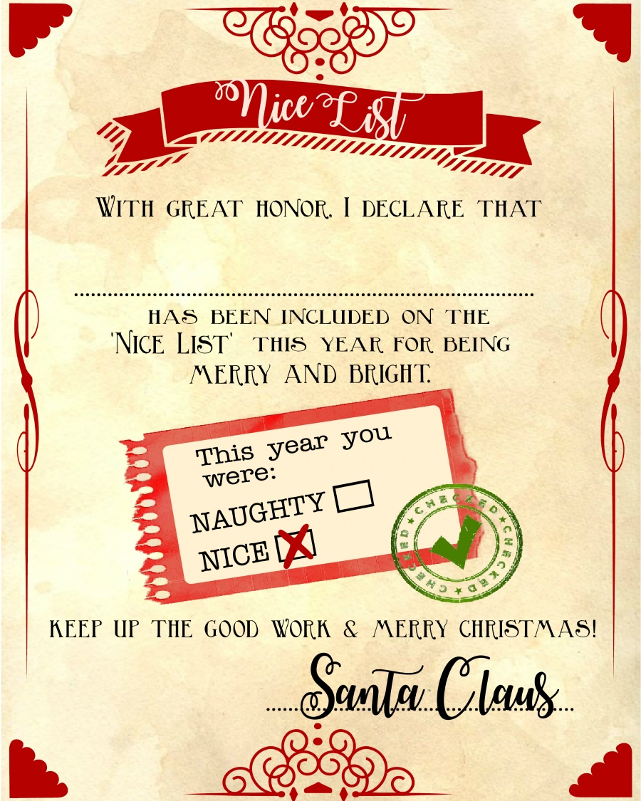 Santa nice List Free Printable Certificate