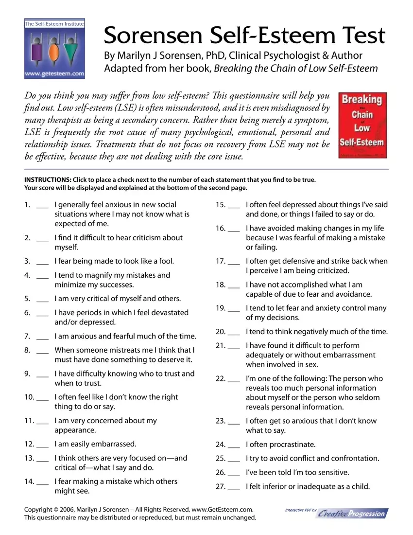 Self Esteem Quiz Printable