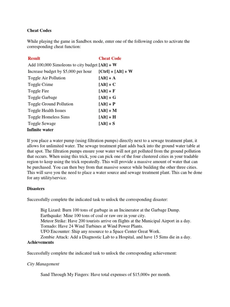 Simcity 3000 Cheats Printable List