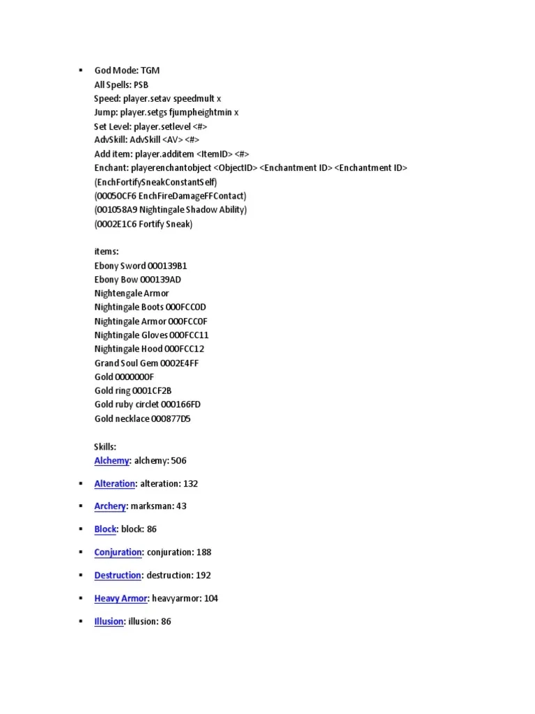 Skyrim Console Commands PDF Computers