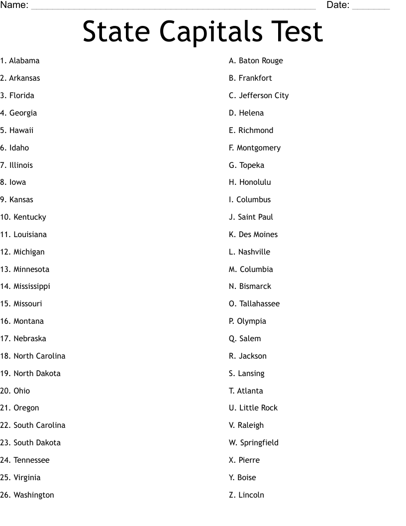 State And Capitals Quiz Printable State And Capitals Quiz Printable