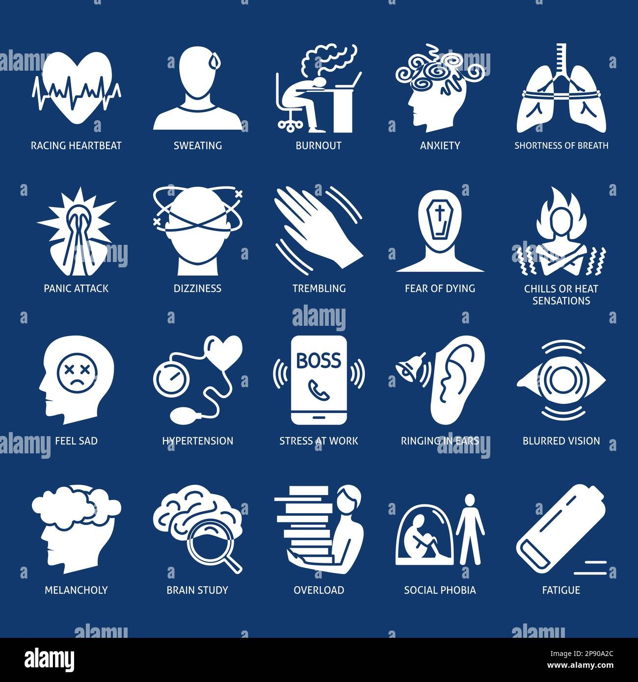 Stress And Anxiety Icon Set In Flat Style Burnout Overload 