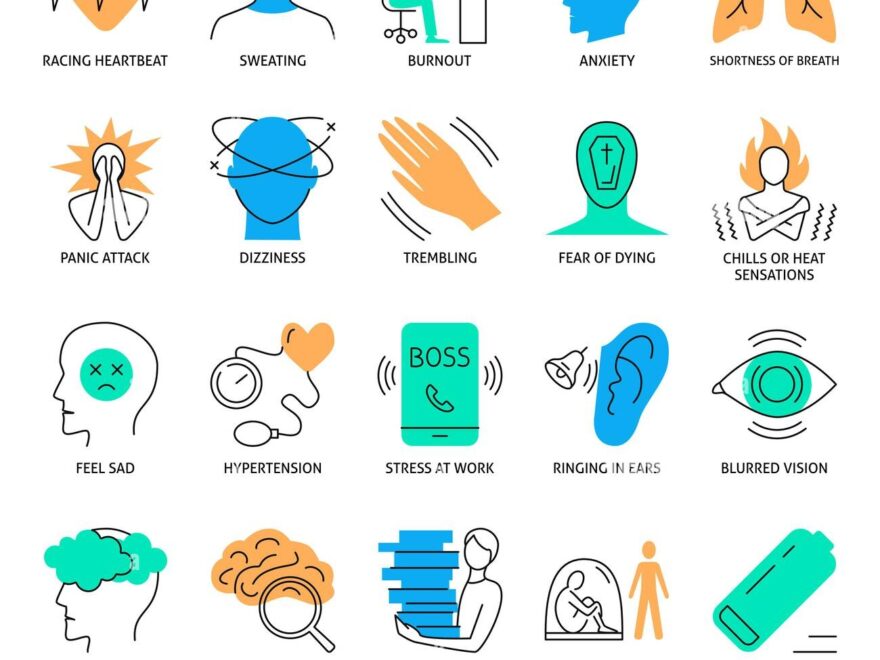 Stress Symptoms Icon Set In Colored Line Style Stressful Factors