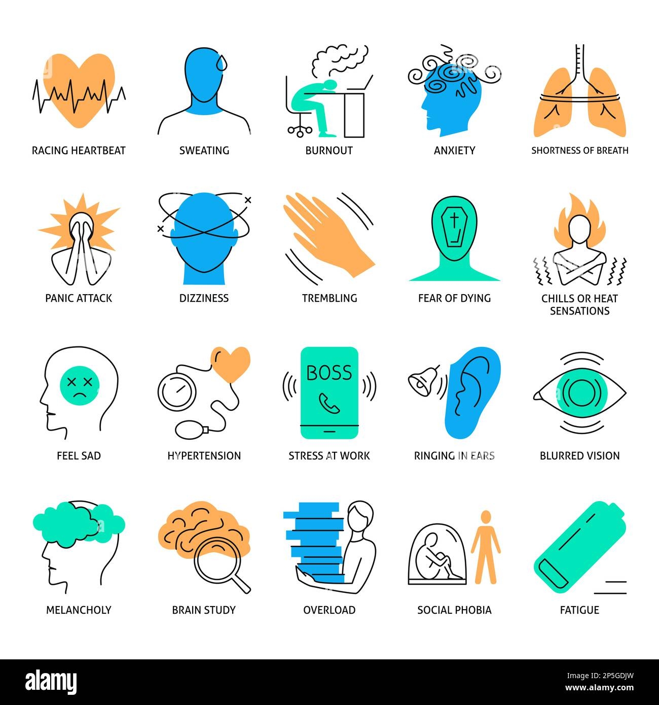 Stress Symptoms Icon Set In Colored Line Style Stressful Factors 