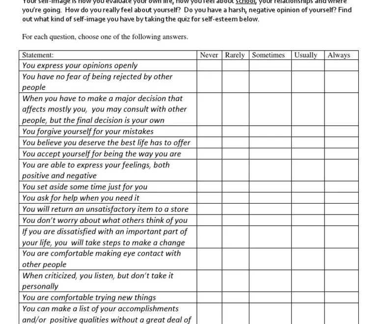 Student Self Esteem Assessment PDF Self Esteem Psychological