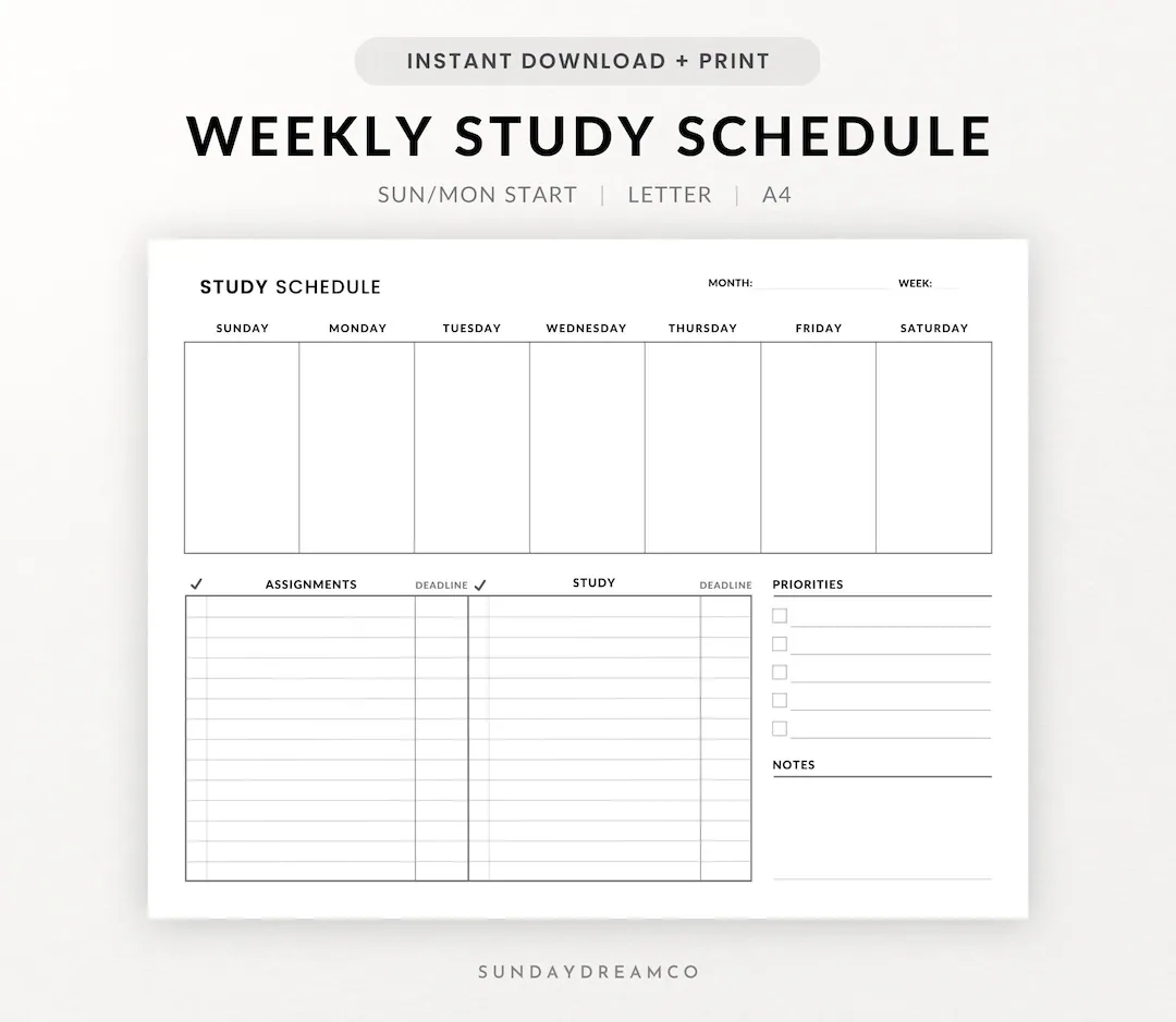 Printable Weekly Study Schedule Template