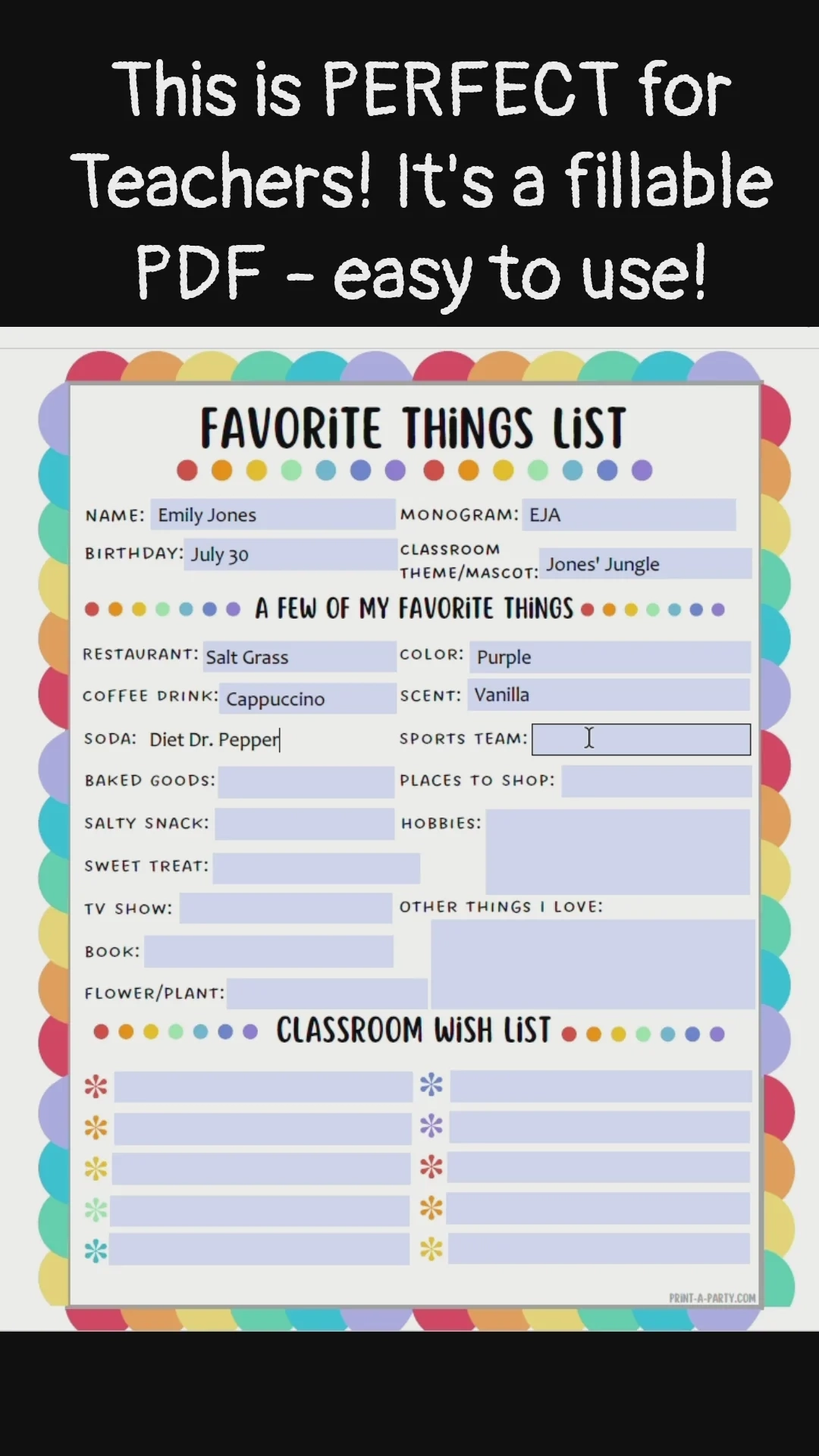Printable Teacher Wish List