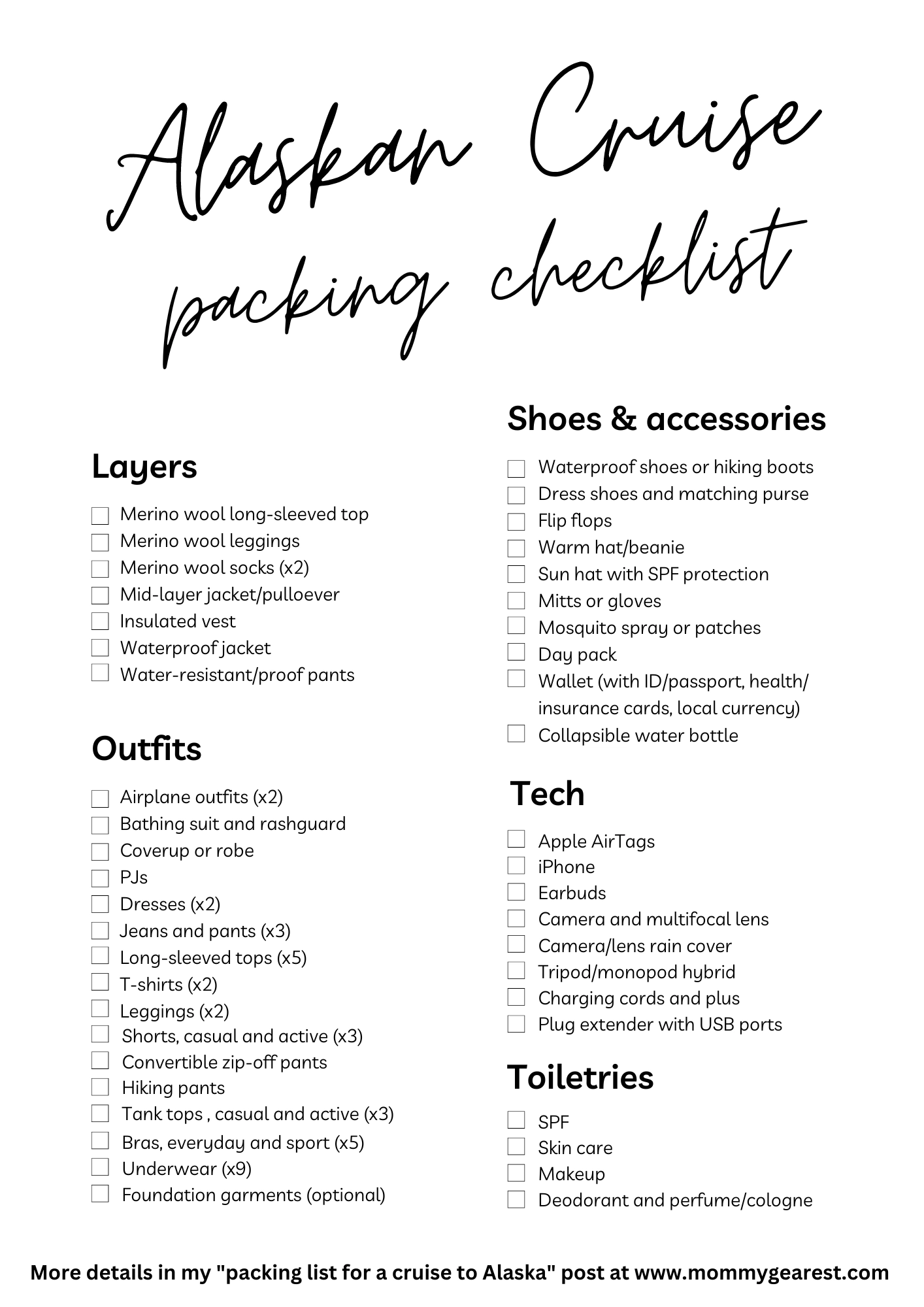 Printable Alaska Cruise Packing List