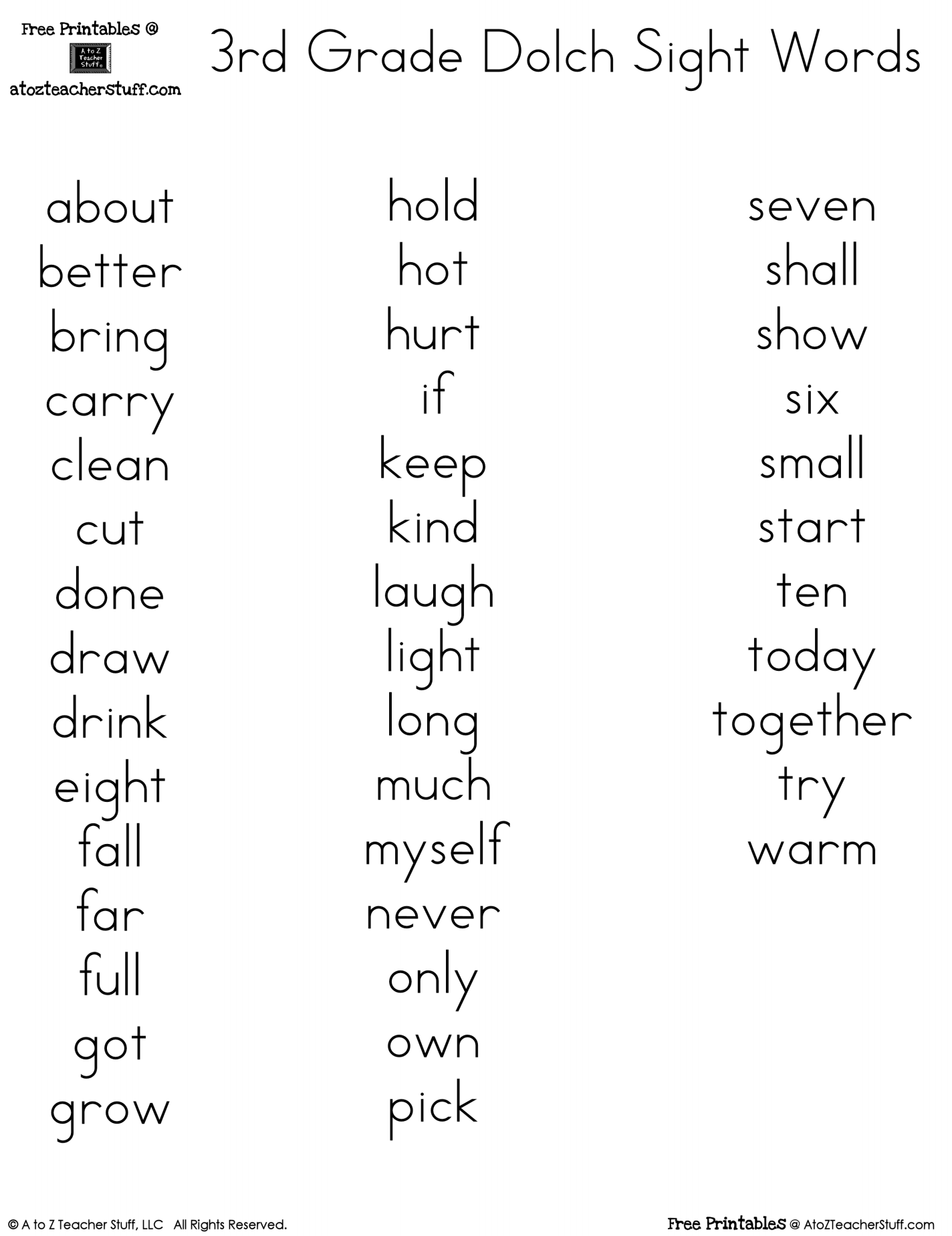 Third Grade Dolch Sight Word Printables A To Z Teacher Stuff Third Grade Dolch Sight Word Printables A To Z Teacher Stuff