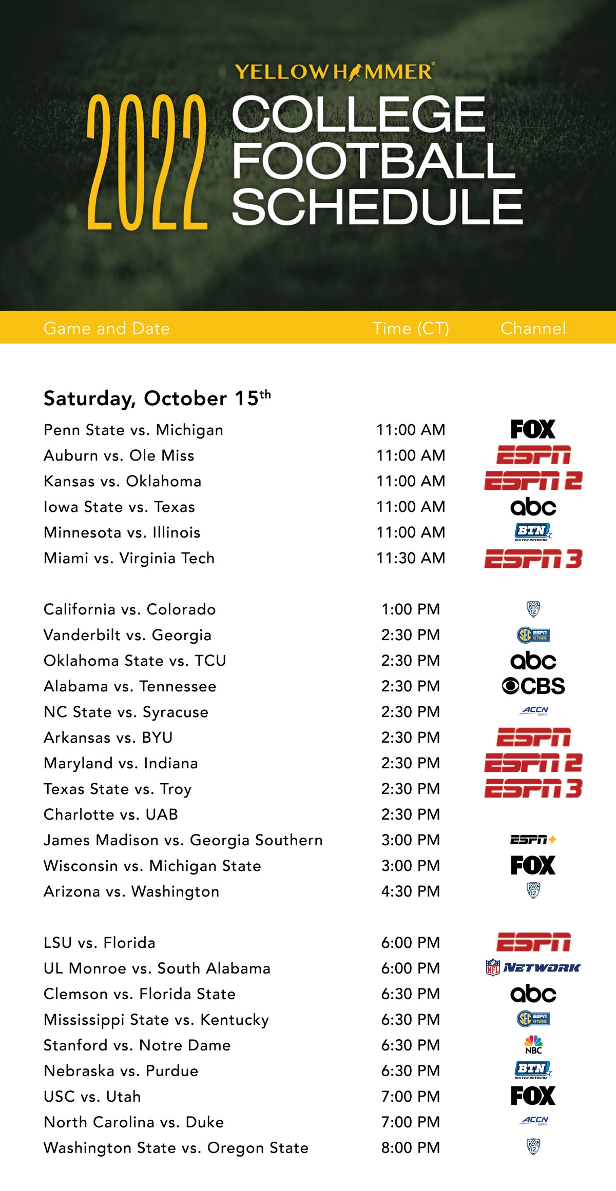 This Weekend s College Football TV Schedule Yellowhammer News