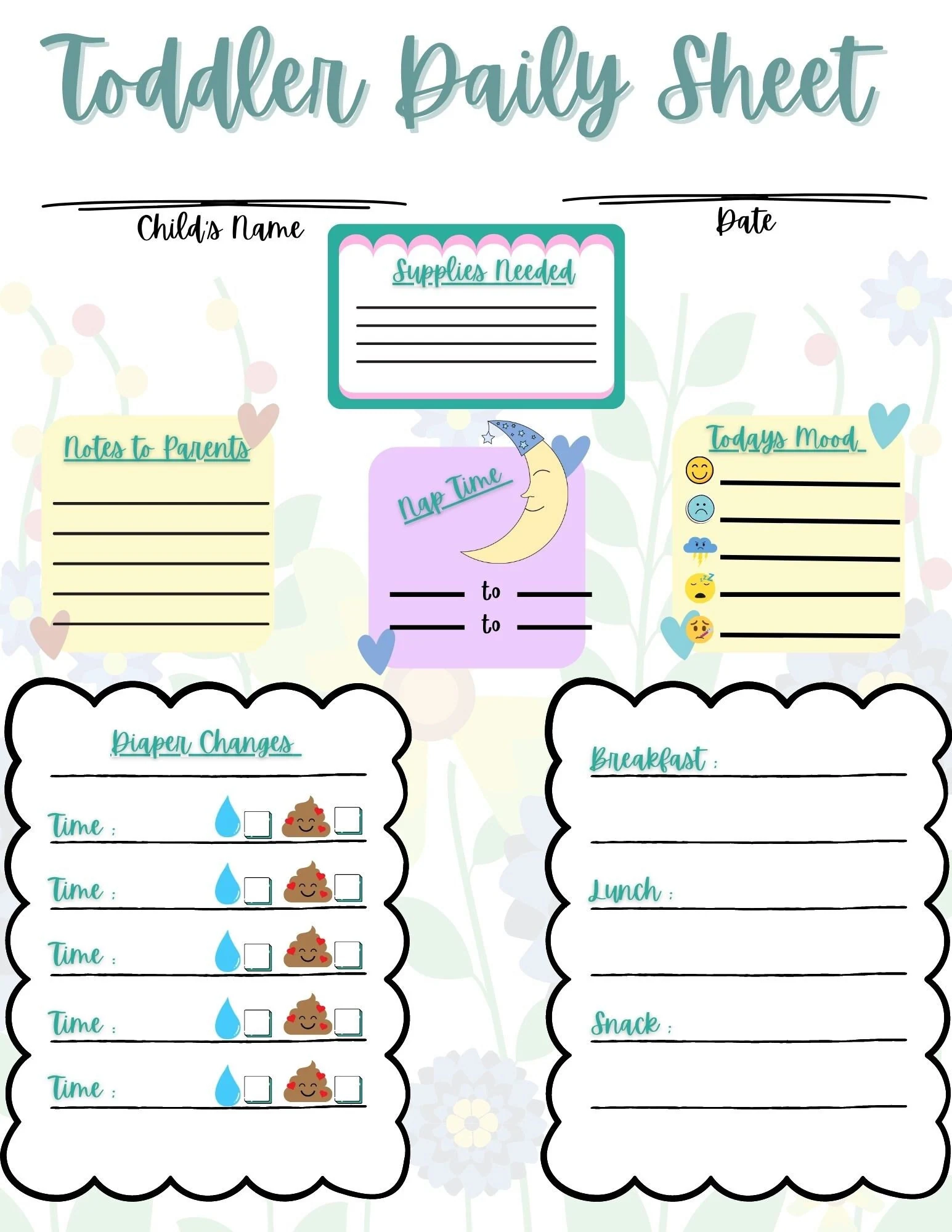 Toddler Daily Sheet For Daycare Homes Or Childcare Centers 