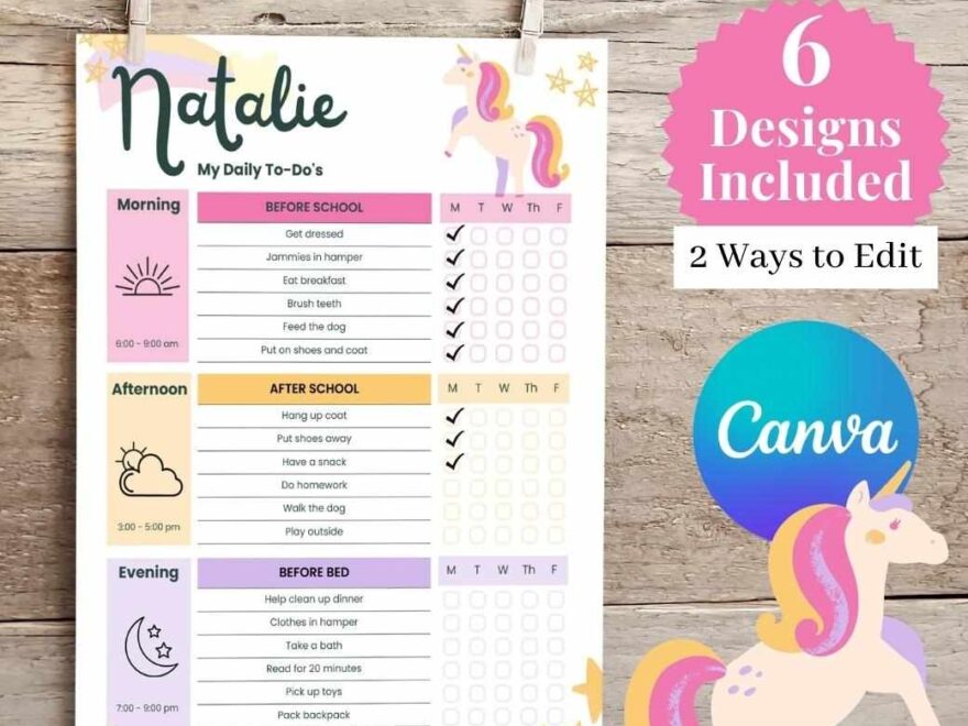 Unicorn Editable Daily Routine Checklist Birchmark Designs