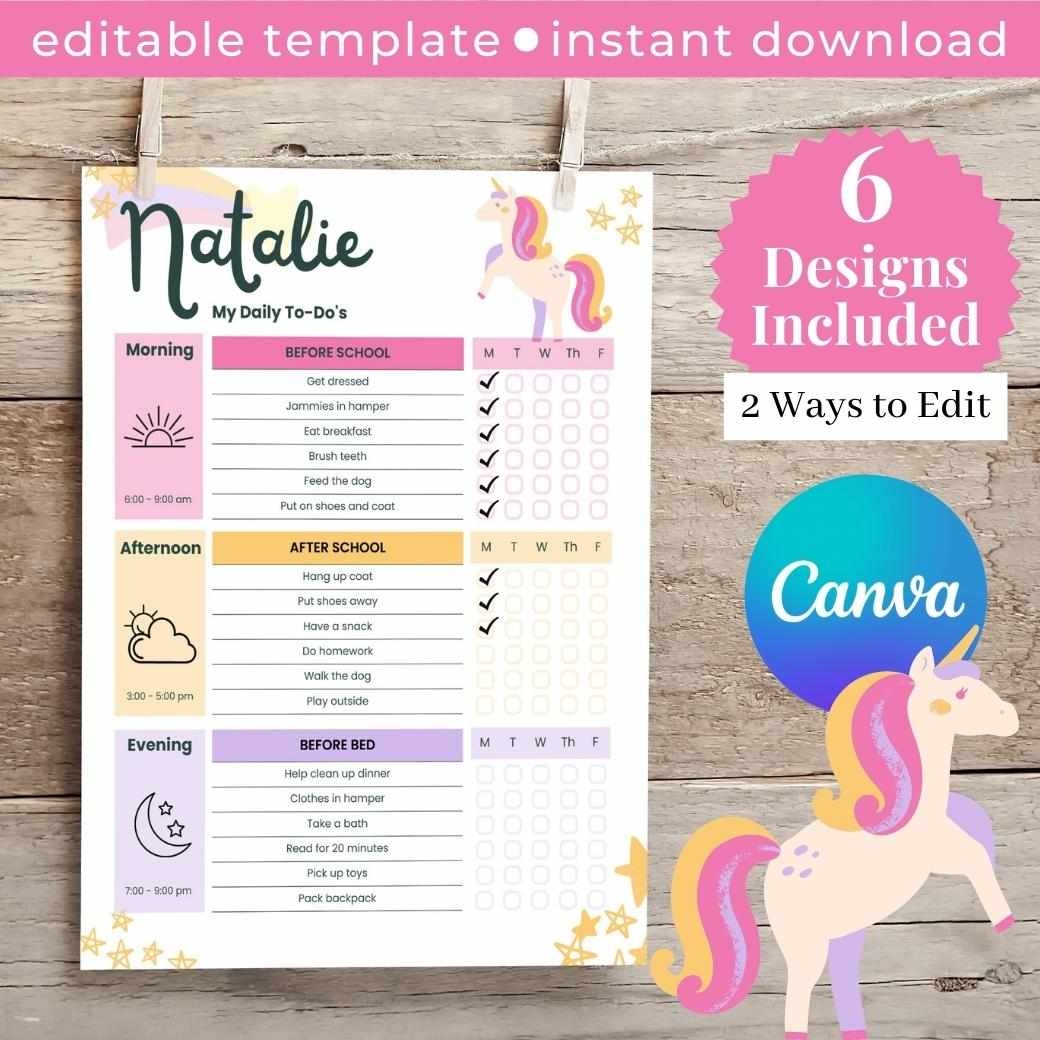Unicorn Editable Daily Routine Checklist Birchmark Designs