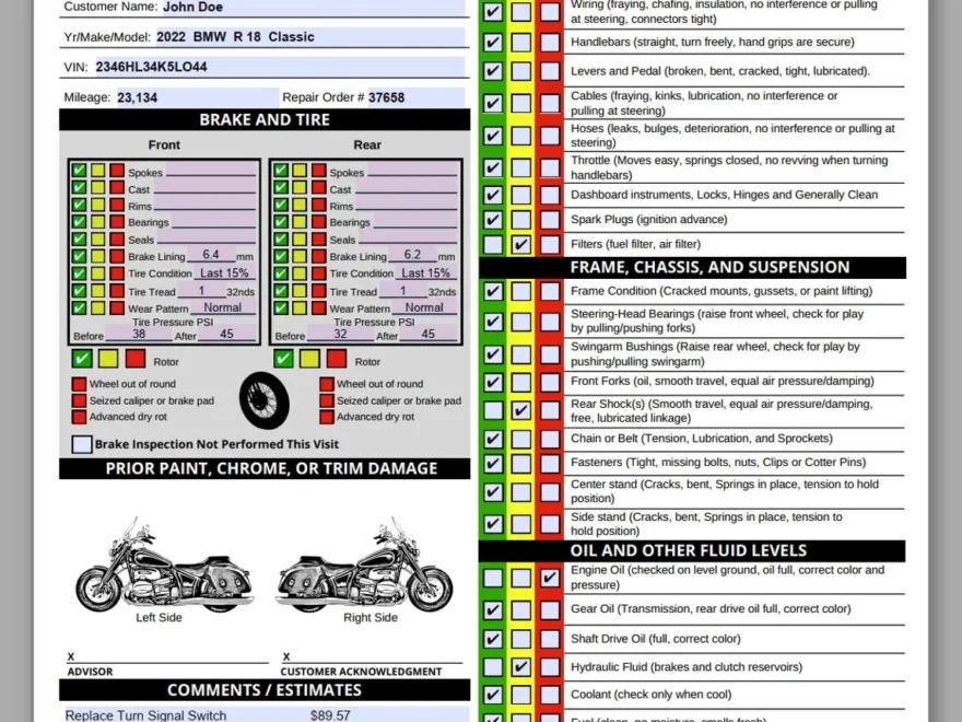 Visual Motorcycle Inspection Report Fillable PDF Multi point