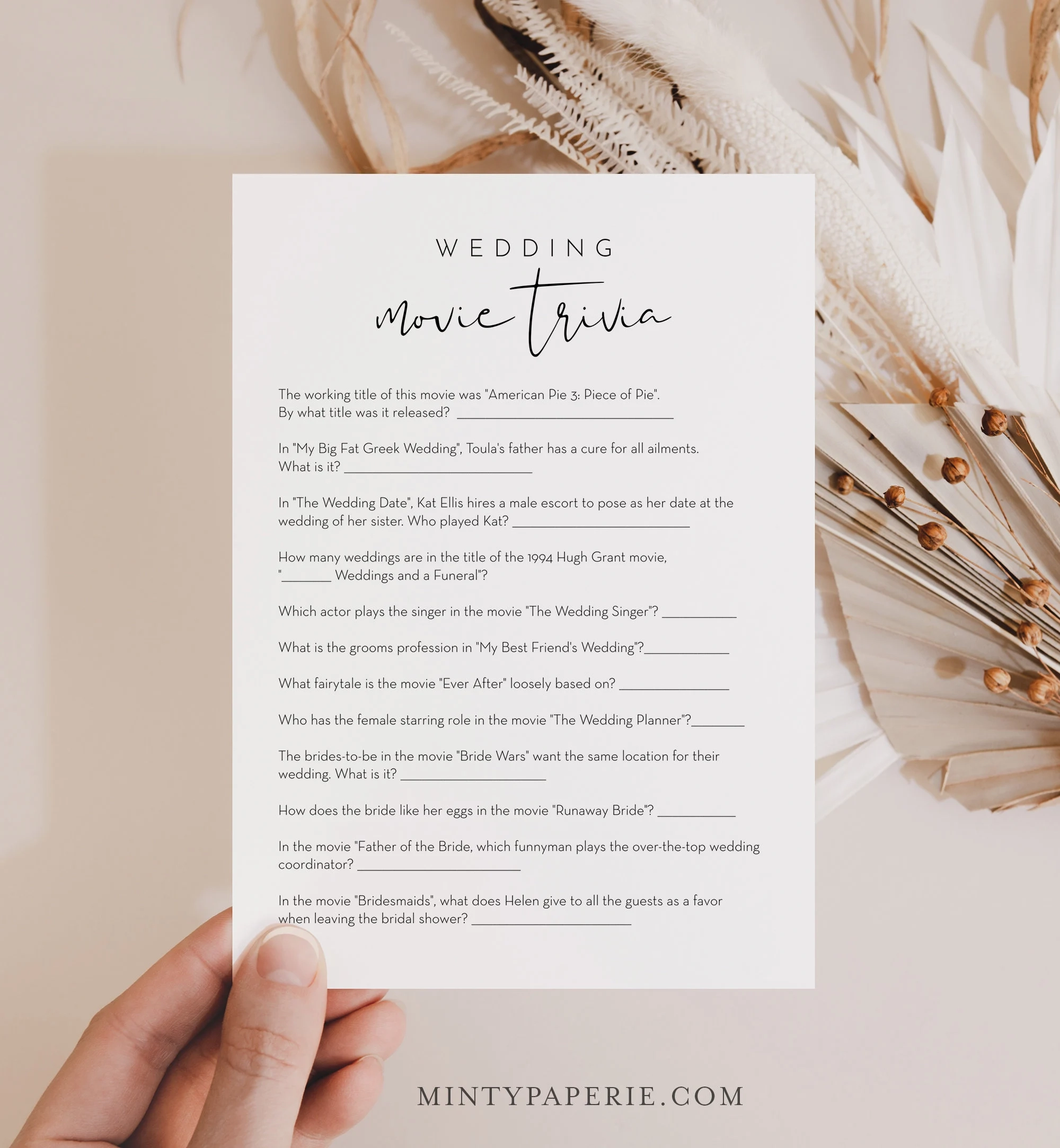 Wedding Movie Trivia Bridal Shower Game Template Minimalist 