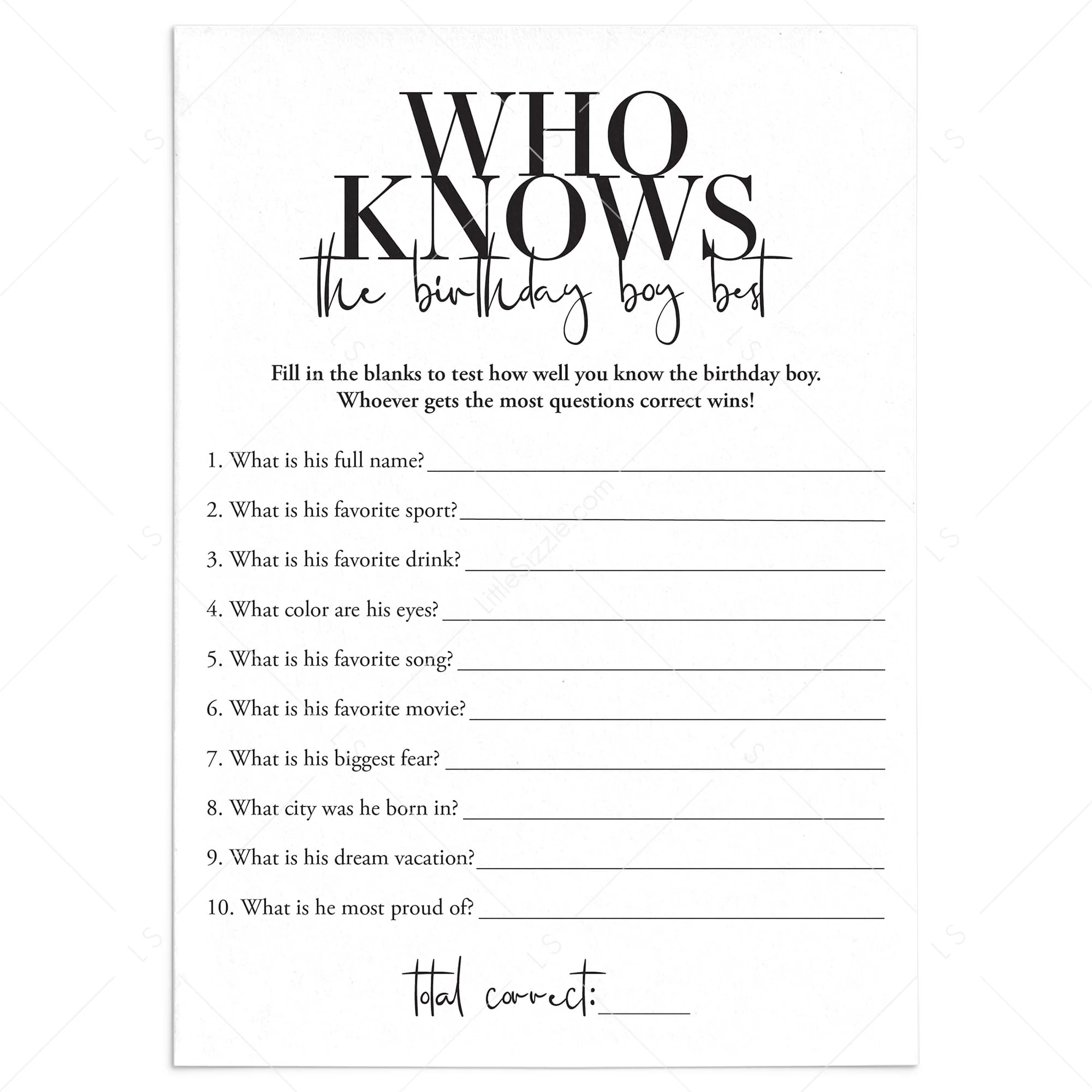 Who Knows The Birthday Boy Best Game Printable Adult Birthday 