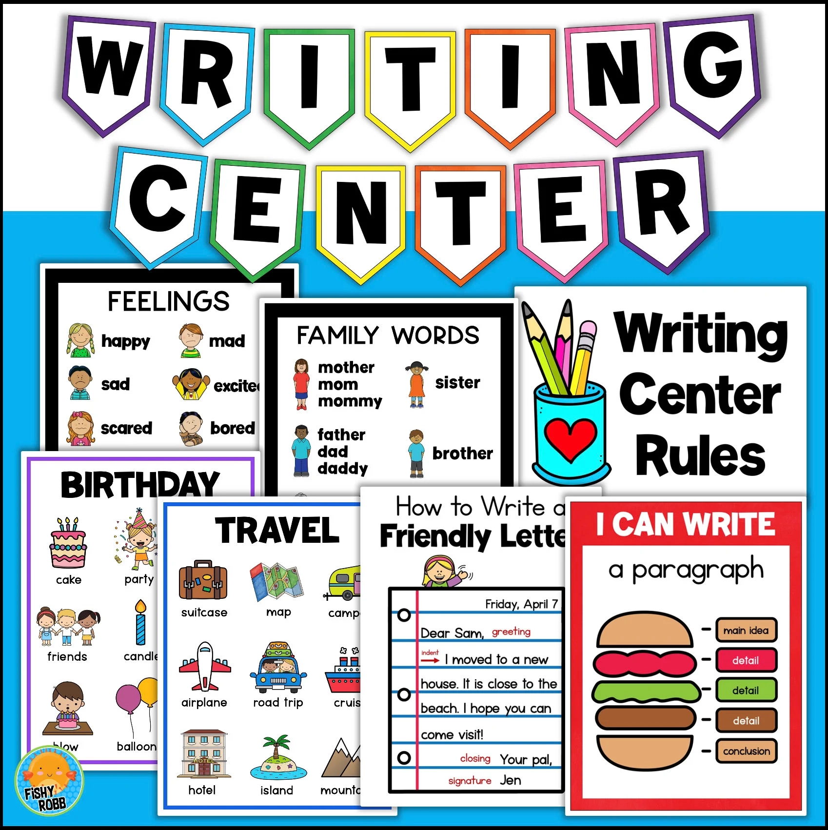 WRITING CENTER Poster Themed Word Lists Anker Charts Banner F r 